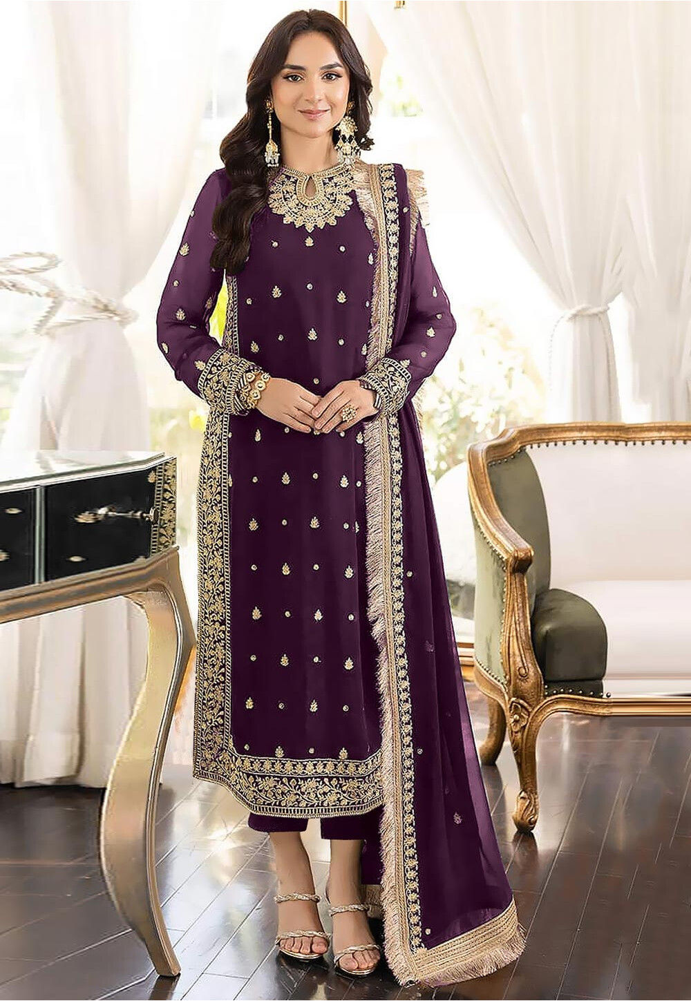 3 Pcs Women's Stitched Crinkle Chiffon Embroidered Suit