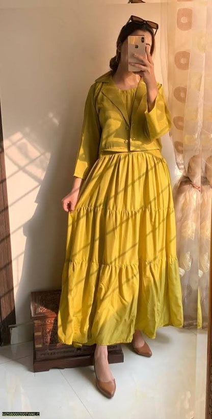 Women’s Yellow Stitched Embroidered Maxi with Jacket