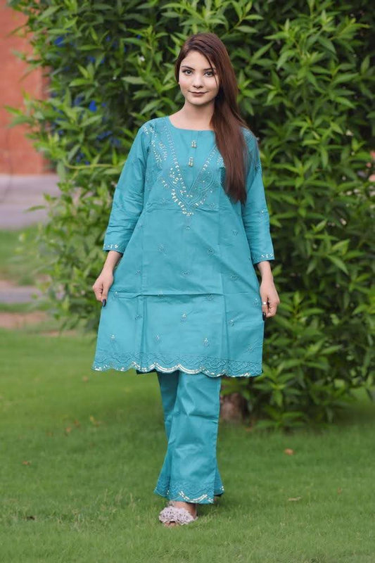 2 Pcs Women's Stitched Cotton Embroidered Shirt and Trouser